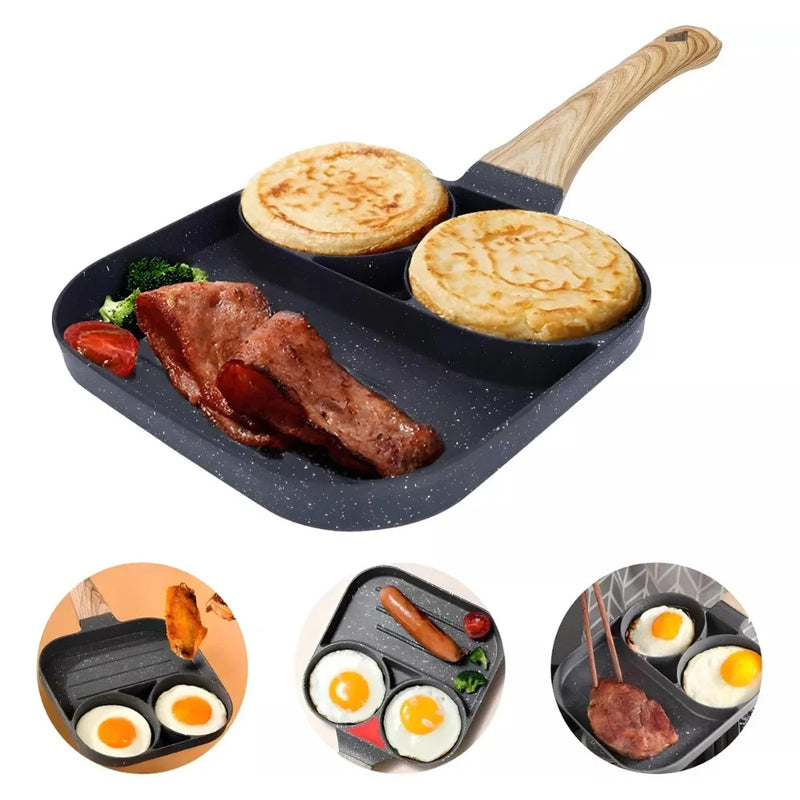 Frigideira antiaderente com 3 divisórias para fritar ovos, bacon, carne, frango, lanche, multiuso