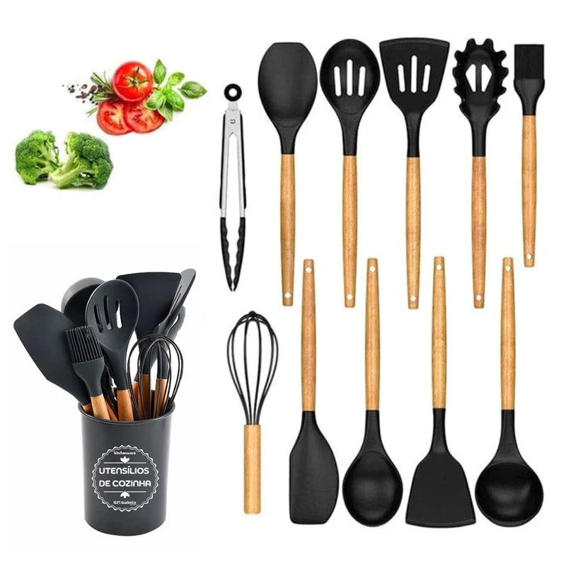 Kit Utensílios de Cozinha C/12 Talheres Cabo de Madeira e Panela