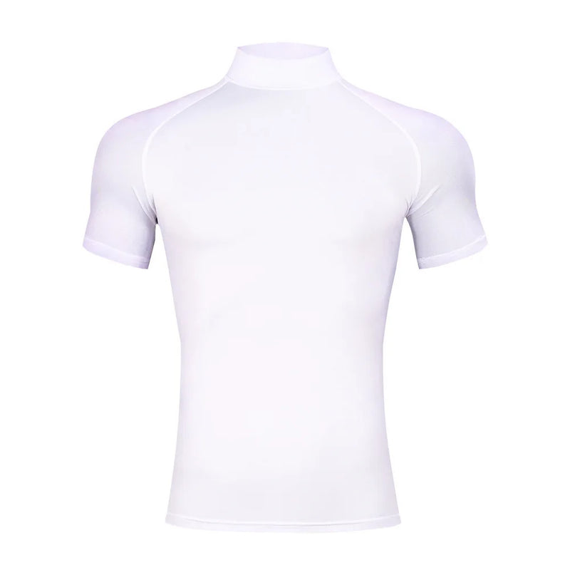 Camiseta esportiva justa para musculação masculina, compressão de verão, gola alta, manga curta.