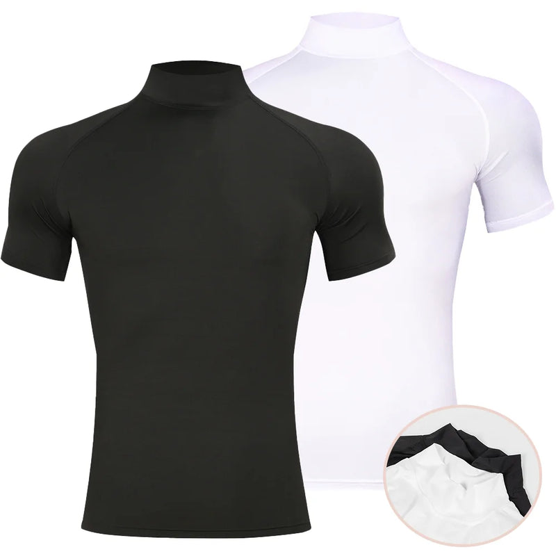 Camiseta esportiva justa para musculação masculina, compressão de verão, gola alta, manga curta.