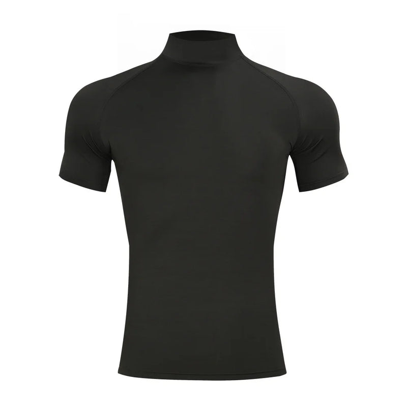 Camiseta esportiva justa para musculação masculina, compressão de verão, gola alta, manga curta.